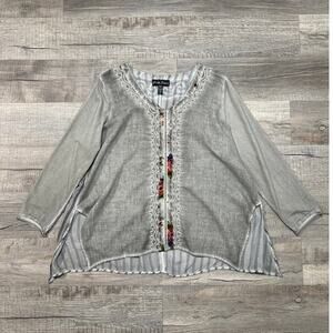 Gretty Zueger Embroidered Lagenlook Boho Earthy Top Size Large Indie Long Sleeve